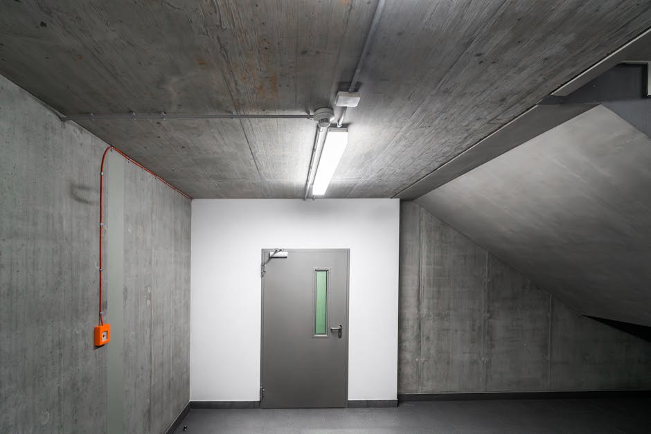 An industrial basement with concrete walls and ceiling, illuminated by a central long fluorescent light fixture, featuring a grey metal door with a small vertical window. The walls show a raw cement finish, with visible piping and an orange emergency alarm box attached to the left wall. The floor appears clean and smooth, indicating recent surface cleaning or maintenance, reflecting a well-maintained space suitable for access issues for basement cleaning in Kingston, as addressed by Kingston Carpet Cleaners.