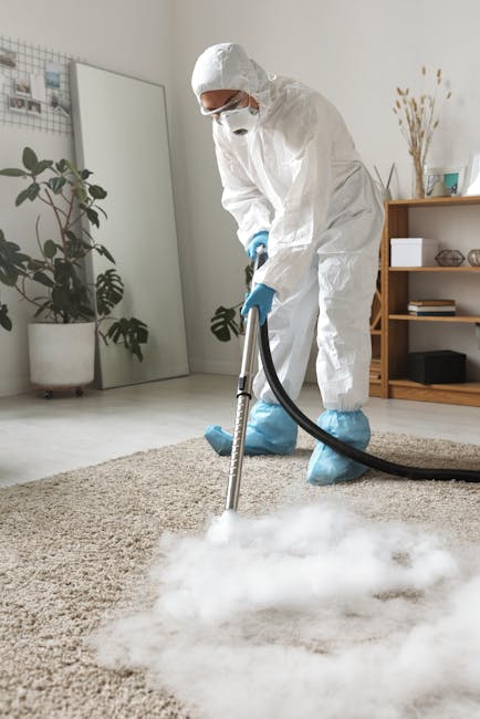A professional cleaner dressed in full white protective coveralls, including a hood, mask, and gloves, is conducting deep carpet cleaning in a residential living room. The cleaner is using a portable steam or extraction machine with a large black hose, applying steam or cleaning solution to a beige, textured carpet. The room features white walls, a full-length mirror leaning against one wall, and a wooden shelving unit with assorted decor items and storage boxes. A tall potted plant with broad green leaves is positioned near the mirror, and natural light illuminates the space, highlighting the pristine, freshly cleaned condition of the carpet. This scene exemplifies comprehensive surface cleaning aimed at maintaining hygiene and removing stubborn stains, in line with Kingston Carpet Cleaners’ responsiveness for urgent stain treatment, as referenced on the Kingston Bridge carpet cleaning urgent stain response guide page.
