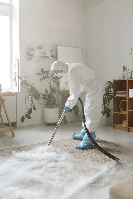 A professional cleaner dressed in a white protective suit, gloves, and a face mask is performing deep cleaning of a beige carpet in a well-lit, modern room. The cleaner is using a large vacuum or hot water extraction machine, with a black hose attached, to thoroughly clean the carpet's surface. The room features a minimalist decor with potted plants, a wooden shelf, and a window allowing natural light to illuminate the space. The clean, white walls and light-colored furniture enhance the sense of hygiene and freshness, exemplifying effective surface cleaning and sanitation by Kingston Carpet Cleaners as promoted on the page about same day carpet cleaning Kingston delays and hidden charges.